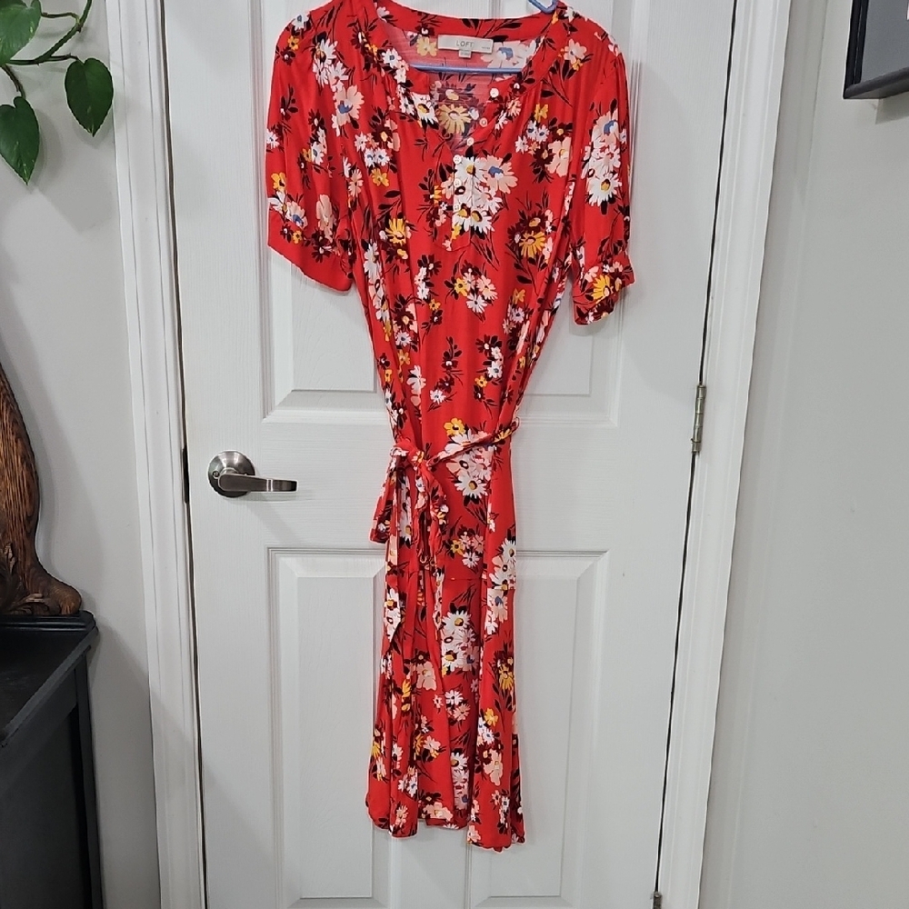 LOFT Red and White Puff Sleeve Wrap Midi Dress